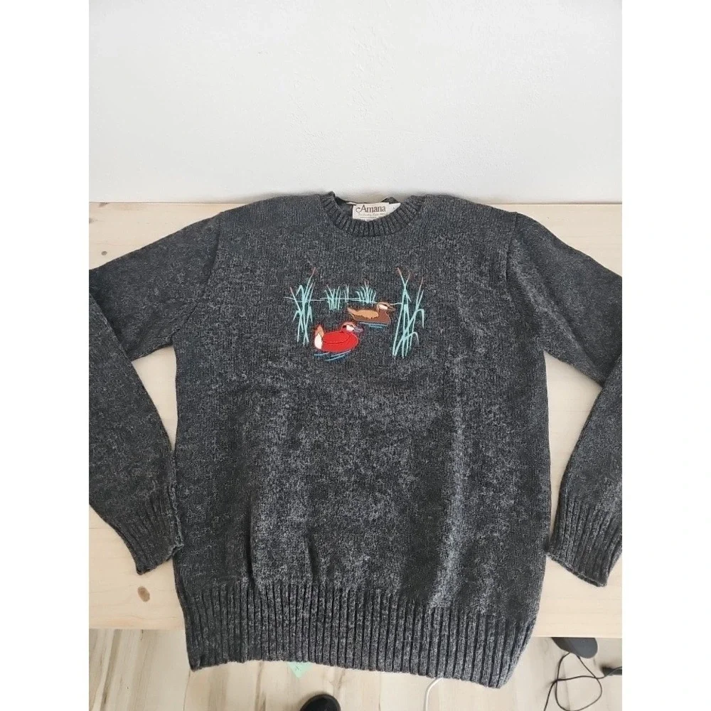 Amana Men's Grey Wool‎ Blend Duck Embroidered Fair Isle Vintage Sweater L USA
